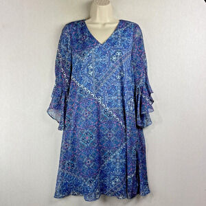 Calvin Klein Dress Size 8 Blue Flutter Sleeves Fairy 3/4 Sleeves Knee Length